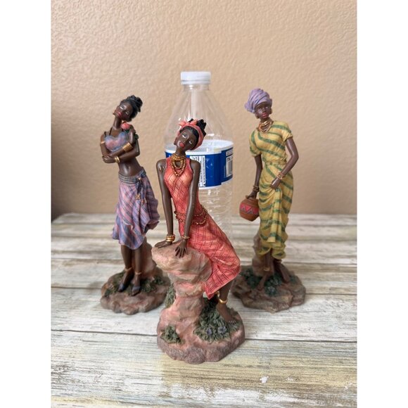 Lot Of 3 Elegant African Woman Figurines Hand Painted Resin Tribal Decor - Picture 2 of 14